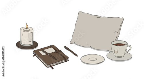 Cozy relaxation scene with candle, notebook, pillow, and tea in minimal style