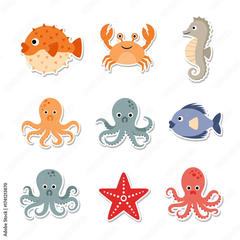 Naklejka premium A charming collection of cute cartoon sea creatures and ocean life.
