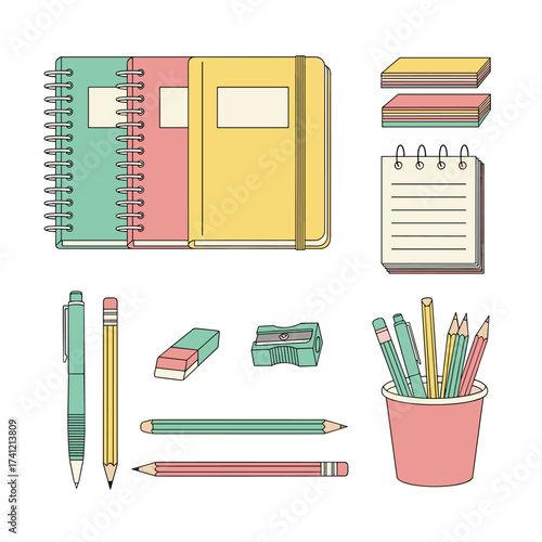 A collection of various stationery items for learning and organization.