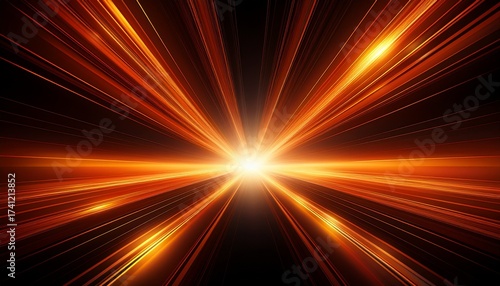 a bright orange light burst with radiant beams shines against a black background creating a dramatic starburst effect