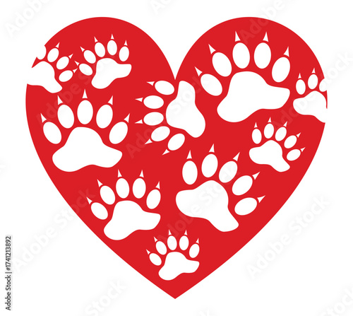 Red Heart Paw Footprints – Animal Love and Pet Care Symbol Vector
