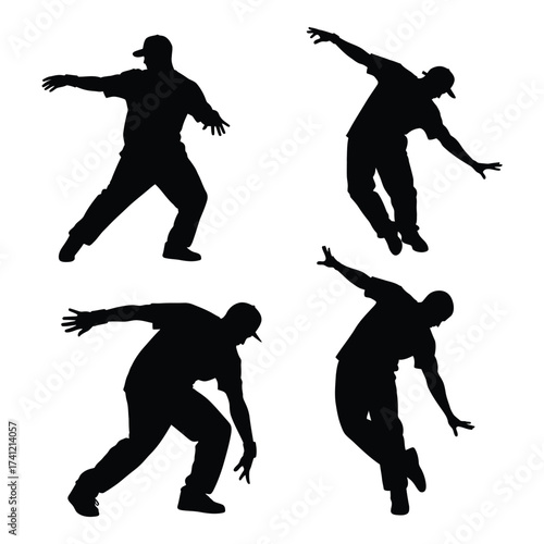 Dynamic silhouette dancer poses set collection four active figures expressing movement and energy silhouette