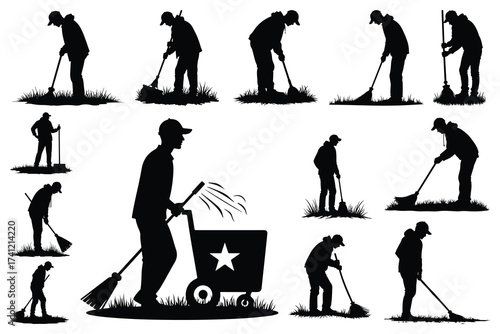 Silhouette figures sweeping and raking grass vector