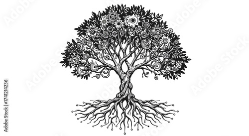 Intricate mechanical tree design with gears and wire roots