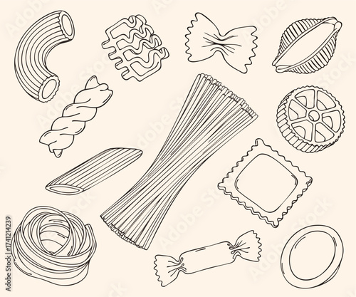 Hand-drawn Vector Set of Italian Pasta Shapes: Spaghetti, Fettuccine, Ruote, Radiatore, Orecchiette, Ravioli, Caramelle, Conchiglie, Farfalle, Macaroni, Penne, Fusilli