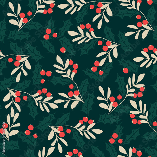Festive seamless pattern with holly branches. Holiday Christmas background for wallpapers, textile, wrapping paper. Vintage template for fashion prints.