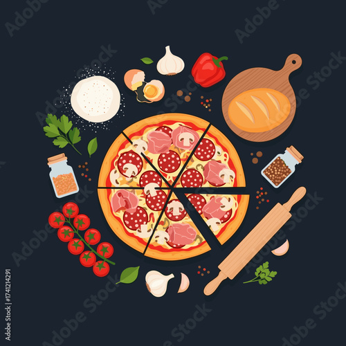 A delicious pepperoni and mushroom pizza with fresh ingredients arranged around it.