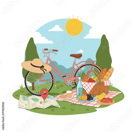 A delightful summer picnic adventure with a bicycle and basket full of treats.