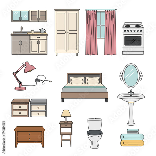 Collection of various household furniture and decor items arranged for visual appeal.