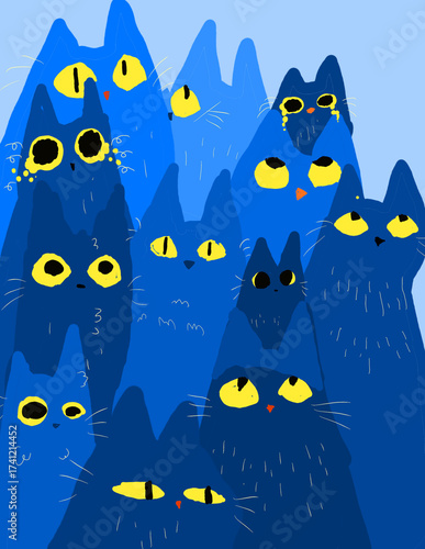 Illustration Digital Art Halloween background with pumpkins. Cat on the Moon Handdraw Pattern