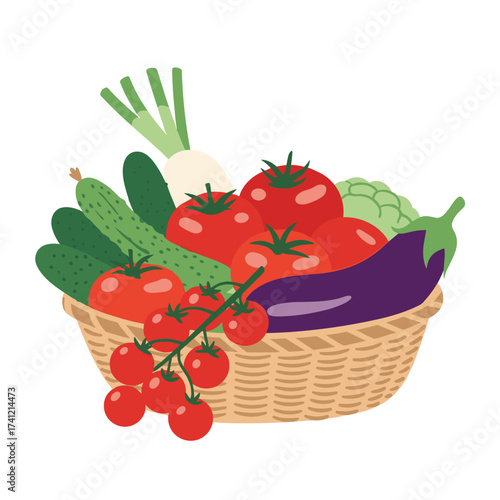 A fresh harvest of garden vegetables in a woven basket.