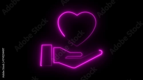 Glowing neon line love in hand icon isolated on black background. Hand giving love symbol. Valentines day symbol Hand holding heart symbol icon animation neon glow on black background 