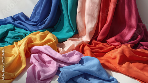 Vibrant Multicolored Fabrics Draped in Rainbow Hues on White Background for Textile and Fashion Design Inspiration