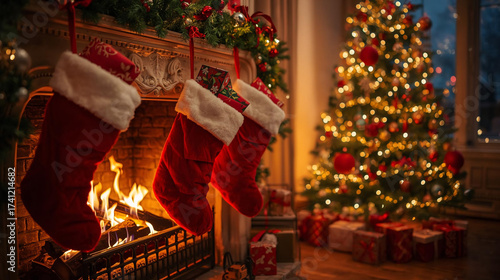  warm and cozy Christmas Eve fireplace scene with plush red stockings filled with an assortment of colorful gifts and treats, hung from the mantel, logs crackling and flames dancing in the fireplace