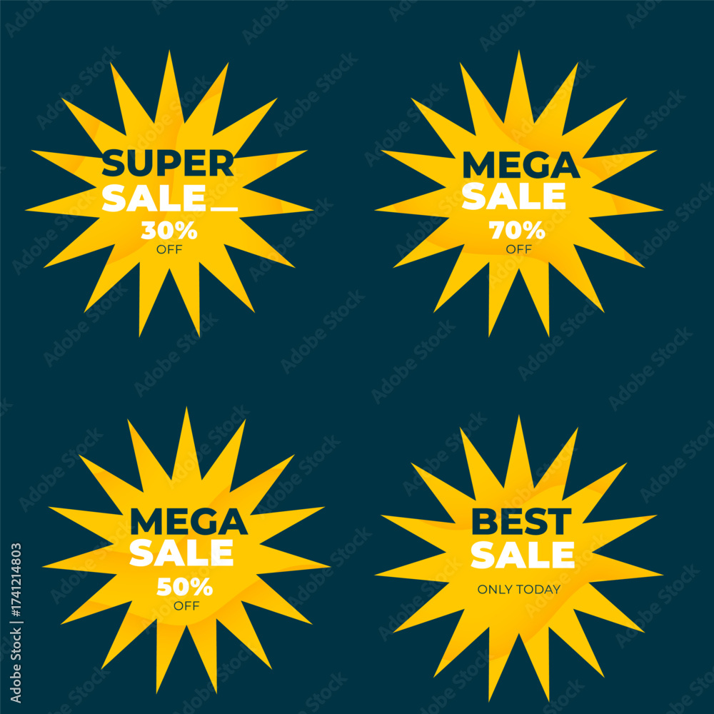 Fototapeta premium Bright yellow starburst sale badges announcing “Mega Sale” and “Super Sale” with up to 70% off. Ideal for highlighting big promotions, clearance sales, and marketing materials.