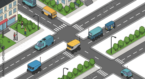 City streets with autonomous vehicles in isometric urban landscape
