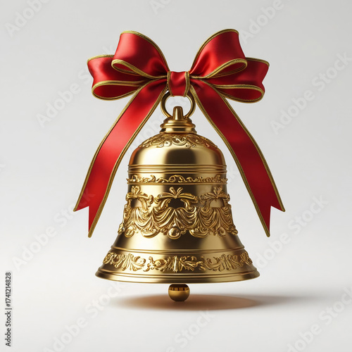 Golden bell with red ribbon, detailed festive design
