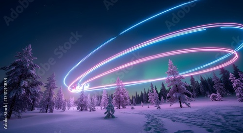 Magical Santa's sleigh flying over snowy forest trails with neon lights, spreading joy this Christmas holiday season with a festive and vibrant winter wonderland