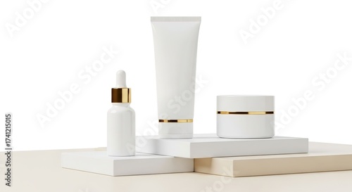 Wallpaper Mural Minimalist Skincare Products Displayed on White Pedestals. Torontodigital.ca
