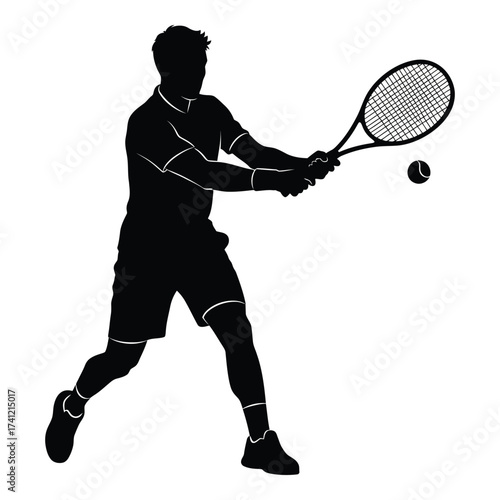 Silhouette of tennis player hitting a forehand shot with racket and ball in dynamic motion silhouette