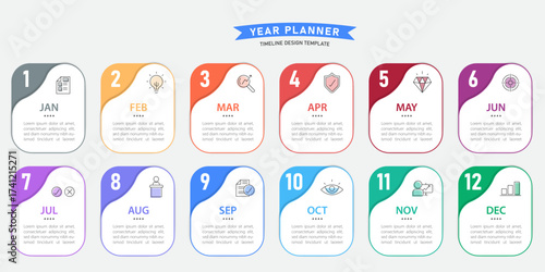 Timeline Creator infographic template. 12 months timeline journey, 1 year calendar infographics design template. presentation graph. Business concept with 12 options or steps, vector illustration.