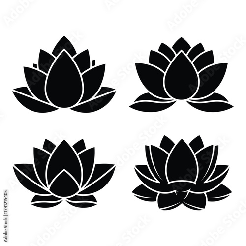 Four stylized black lotus flower silhouettes isolated on white representing purity and enlightenment silhouette