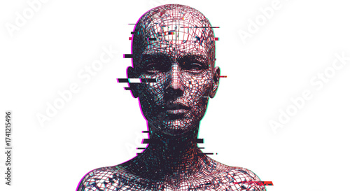Glitch art style wireframe human face with digital distortion