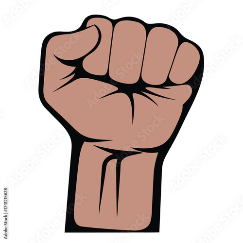 A clenched fist raised upwards with a brown skin tone and black outline hand power