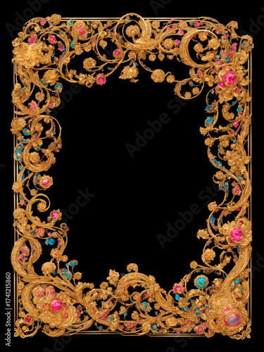 Intricately detailed gold frame with colorful accents of pink and turquoise. Isolated on black background.