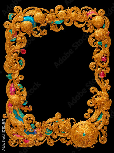 Intricately detailed gold frame with colorful accents of pink and turquoise. Isolated on black background.