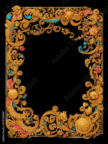 Intricately detailed gold frame with colorful accents of pink and turquoise. Isolated on black background.