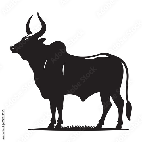 Silhouette of a majestic bull with prominent horns standing on a grassy field
