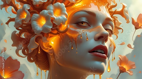 Art Nouveau Goddess with Glowing Honey and Flowers