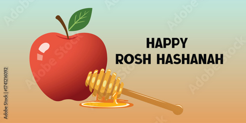 Happy Rosh Hashanah Greeting with Apple and Honey Illustration