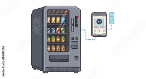 Retro pixel art vending machine with mobile payment feature