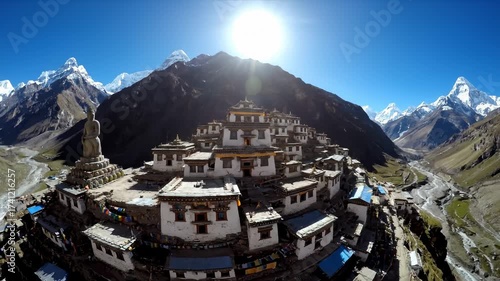 Aerial View of Key Monastery, Spiti Valley, Himalayas With Buddha Statue and Prayer Flags