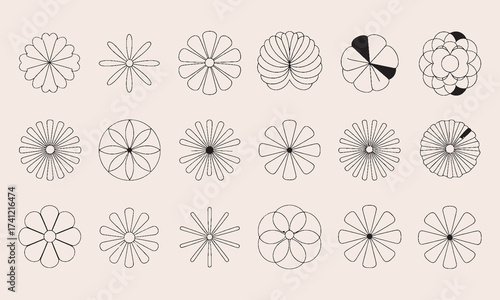 Collection of black line art flower shapes and abstract floral designs on a light beige background vector