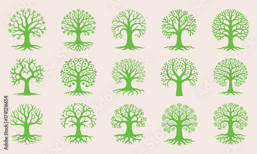 Collection of fifteen green stylized trees with visible roots on a light beige background vector