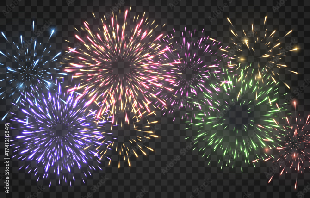 Festive fireworks with brightly shining sparks. New Year's Eve fireworks. Realistic sparks and explosions. Colorful pyrotechnics show. Vector isolated on png background.