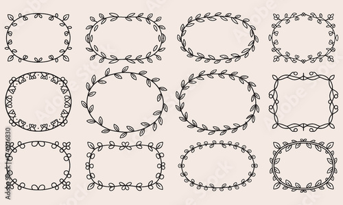 Collection of twelve hand drawn black floral and leaf ornamental frames and borders on a pale pink background