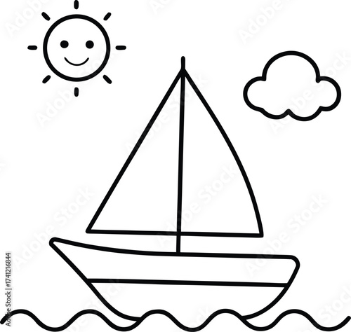 Simple black and white line drawing of a sailboat on wavy water under a smiling sun and cloud, isolated on white background