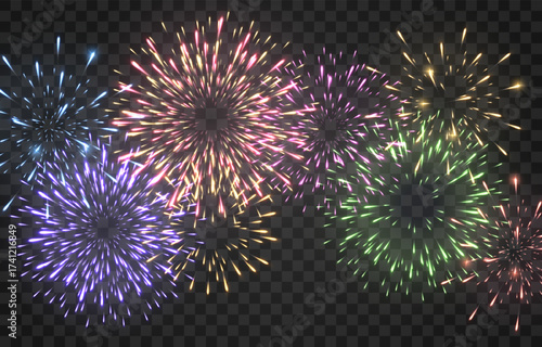 Festive fireworks with brightly shining sparks. New Year's Eve fireworks. Realistic sparks and explosions. Colorful pyrotechnics show. Vector isolated on png background.