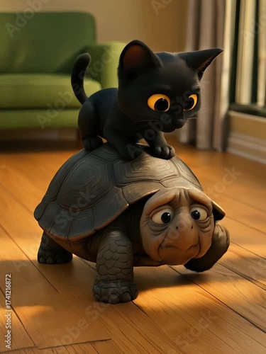 Cute Cartoon Black Cat Riding on Turtle Indoors
