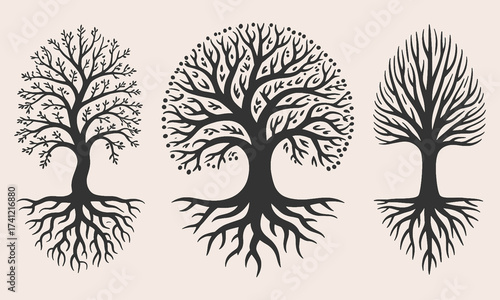 Three stylized black trees with exposed roots on a light beige background silhouette branches
