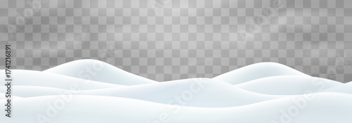Vector snowdrifts isolated on png background. Snow landscape decoration, frozen hills. Empty snowbanks field. Christmas vector illustration. Transparent background.