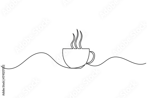 Coffee cup with steam continuous one line drawing minimalist style illustration
