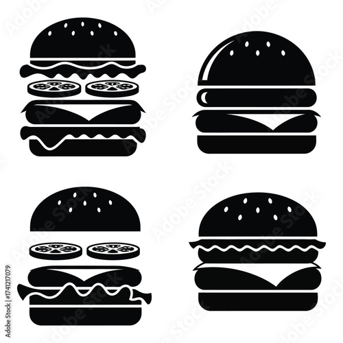 Four stylized black and white silhouette hamburgers icons set food fast food meal delicious american cuisine silhouette