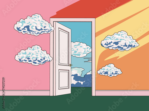 Illustrated Abstract Landscape with an Open Door to Dreamy Cloudy Sky Background for Conceptual Banner Posters, Flyers, and Social Media Graphics