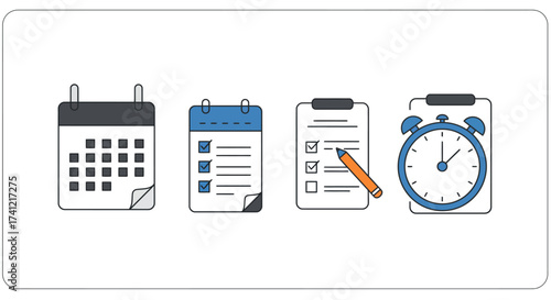 Flat design icons for productivity: calendar, checklists, and alarm