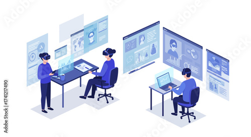 Isometric virtual reality office scene with professionals using interactive t…